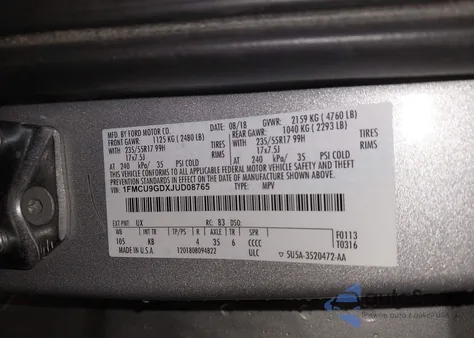 2018 Ford Escape Se из США, поврежденный, VIN 1FMCU9GDXJUD08765